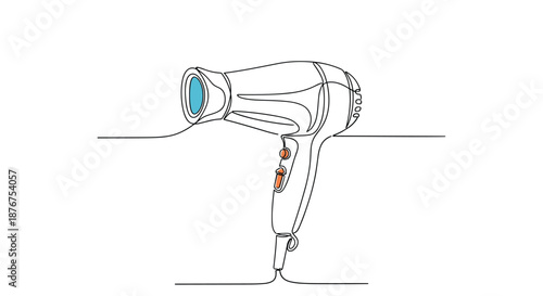 Continuous single line drawing of a modern hair dryer with color accents, representing a minimalist approach to beauty and hairstyling tools.