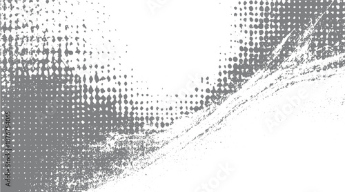 Abstract distressed grunge texture with a halftone dot pattern and rough brush stroke in grayscale on a white backdrop