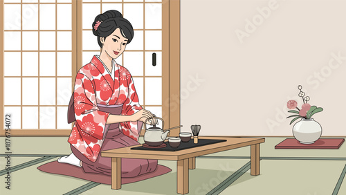Flat vector illustration of a Japanese woman preparing tea in a traditional tatami room, calm cultural lifestyle activity inspired by classic Japanese daily rituals