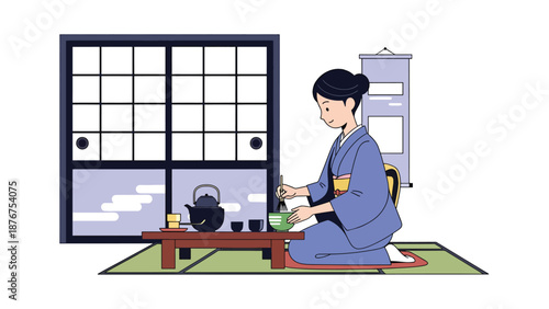 Flat vector illustration of a Japanese woman preparing tea in a traditional tatami room, calm cultural lifestyle activity inspired by classic Japanese daily rituals