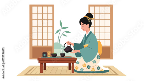 Flat vector illustration of a Japanese woman preparing tea in a traditional tatami room, calm cultural lifestyle activity inspired by classic Japanese daily rituals