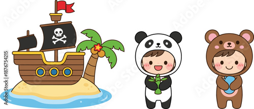 Cute pirate island ship and kids wearing animal costumes flat vector illustration for adventure kids design