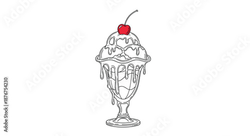 A detailed black and white line art illustration of an ice cream sundae in a glass, topped with syrup and a single cherry on a white background.