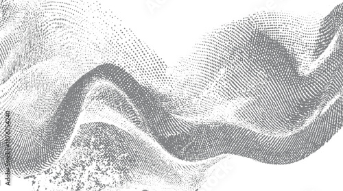 Abstract grayscale wavy halftone pattern with flowing curves and varying dot density creating a fluid and dimensional visual composition