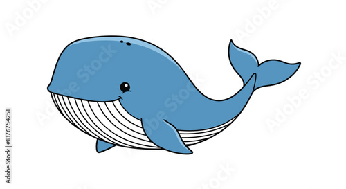 A friendly and cute blue whale swimming happily, illustrated in a simple and colorful cartoon style perfect for children's books, nursery decor, or stickers.