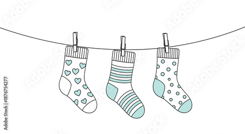 Three pairs of cute socks with different patterns like hearts and stripes, hanging on a clothesline, illustrated in a minimalist black and white doodle style.