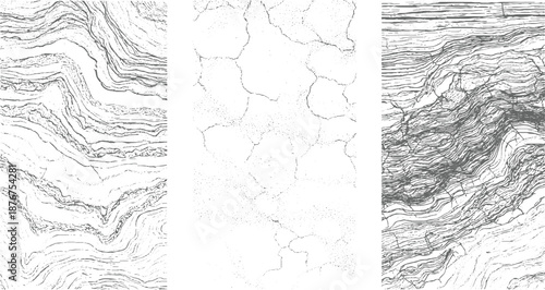Abstract monochrome textures with intricate wavy lines and granular patterns suggesting geological layers or cracked earth with a detailed and complex visual style