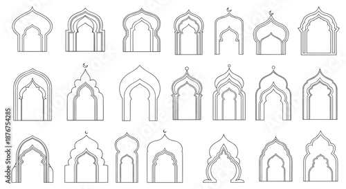 An extensive collection of Islamic arch and window outlines in various intricate styles, representing traditional Arabic and Muslim architectural design elements.