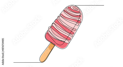 A pink ice cream popsicle with drizzled topping, drawn in a continuous single line style, creating a modern and artistic representation of a summer dessert.