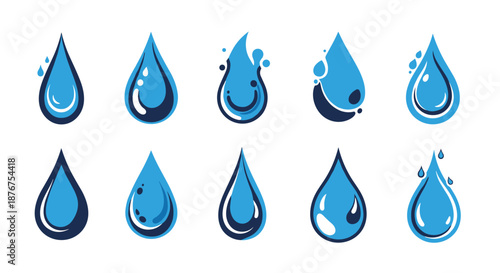 A set of ten stylized blue water drop icons with a hand-drawn, textured effect, showing various shapes and splashes for liquid or nature concepts.