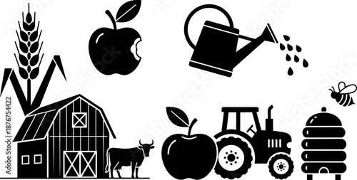 Black silhouette farm icons featuring barn cow apple tractor watering can and bee hive with flying bee vector art
