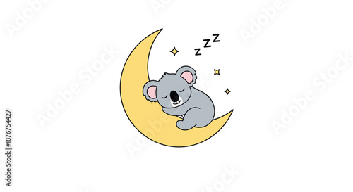 An adorable cartoon koala sleeping peacefully on a yellow crescent moon with stars, creating a cute and sleepy illustration perfect for a nursery.