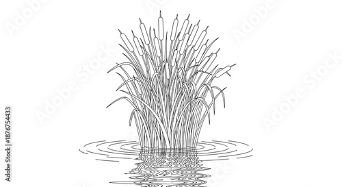 A detailed black and white line drawing of a thicket of cattail reeds growing in water, with their reflection creating ripples on the surface.