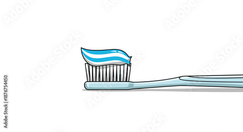 A simple cartoon illustration of a toothbrush with blue and white striped toothpaste on its bristles, isolated against a clean white background.