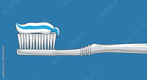 A detailed, realistic illustration of a toothbrush with striped toothpaste on the bristles, shown against a solid blue background for dental care concepts.