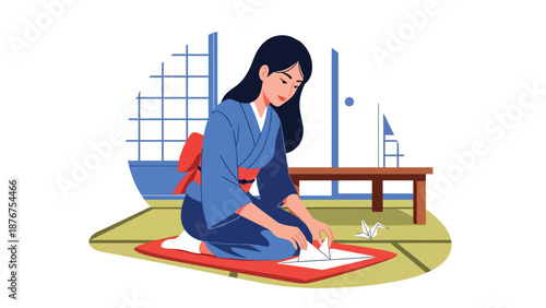 Vector illustration of a Japanese woman folding origami on tatami mats, traditional paper craft activity reflecting patience and creativity