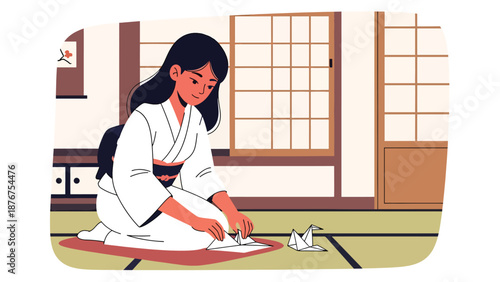 Vector illustration of a Japanese woman folding origami on tatami mats, traditional paper craft activity reflecting patience and creativity