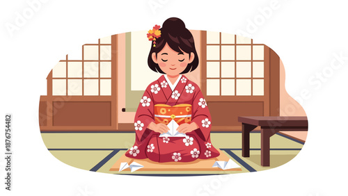 Vector illustration of a Japanese woman folding origami on tatami mats, traditional paper craft activity reflecting patience and creativity