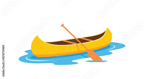 A simple and colorful cartoon illustration of a yellow canoe with a paddle resting in calm blue water, isolated on a white background.