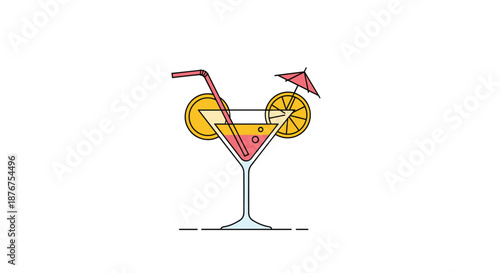 A minimalist, colorful icon of a cocktail in a martini glass, garnished with orange slices, a straw, and a small umbrella on a white background.