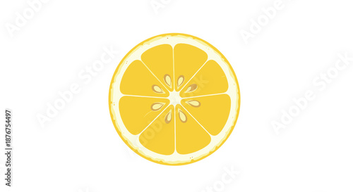 A simple, textured illustration of a yellow lemon slice on a white background, highlighting the fruit's segments and seeds in a clean, circular design.