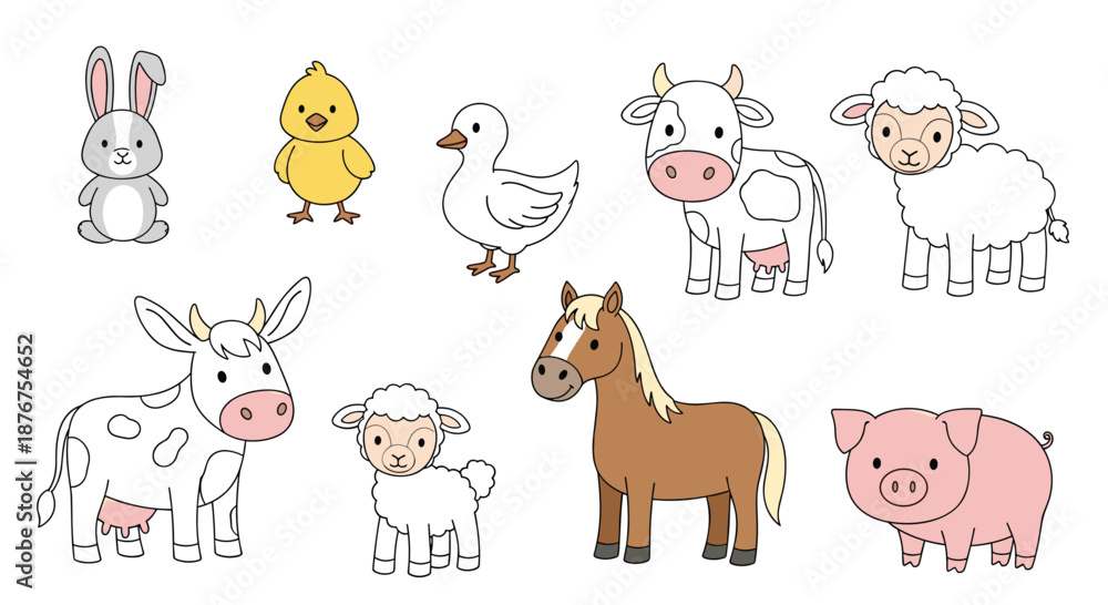 Fototapeta premium A charming collection of cute cartoon farm animals, including a cow, sheep, horse, and pig, with some versions outlined for coloring activities.