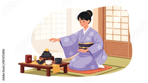 Vector illustration of a Japanese woman performing tea ceremony gestures, symbolic cultural ritual emphasizing harmony and traditional lifestyle
