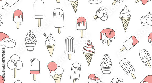 A seamless pattern of various ice cream treats, including cones, popsicles, and scoops, in a simple pink and white outline style for cute backgrounds.