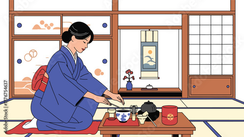 Vector illustration of a Japanese woman performing tea ceremony gestures, symbolic cultural ritual emphasizing harmony and traditional lifestyle