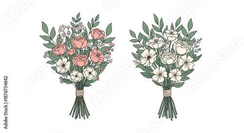 Two beautiful hand-drawn bouquets of flowers and leaves tied with twine, illustrated in a rustic and elegant style with soft, muted colors.