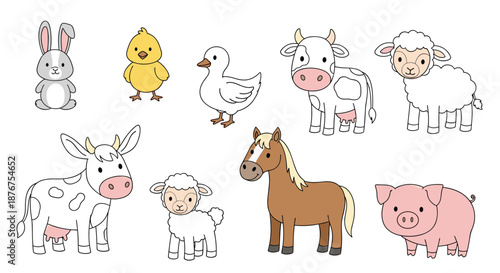 A charming collection of cute cartoon farm animals, including a cow, sheep, horse, and pig, with some versions outlined for coloring activities.