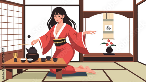 Vector illustration of a Japanese woman performing tea ceremony gestures, symbolic cultural ritual emphasizing harmony and traditional lifestyle
