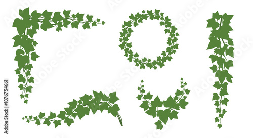 A set of green ivy vine silhouettes in various arrangements, including a corner piece, a wreath, and hanging branches, for decorative floral design.