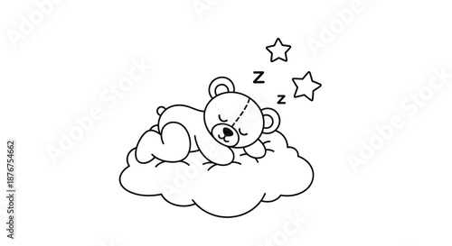 A cute black and white coloring page outline of a teddy bear sleeping peacefully on a fluffy cloud with stars and Z's floating above.
