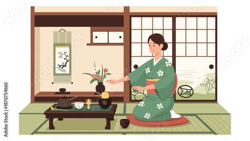 Vector illustration of a Japanese woman performing tea ceremony gestures, symbolic cultural ritual emphasizing harmony and traditional lifestyle