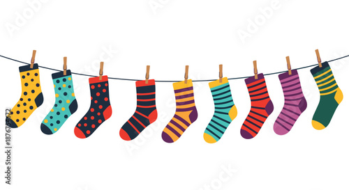 A row of nine colorful and patterned socks hanging from a clothesline with wooden pins, illustrated in a charming, textured, and flat design style.