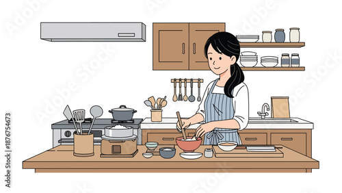 Vector illustration of a Japanese woman cooking traditional food at home, cultural culinary activity and everyday lifestyle tradition