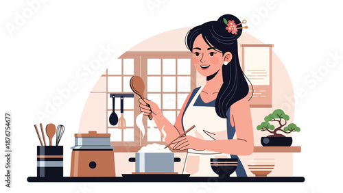Vector illustration of a Japanese woman cooking traditional food at home, cultural culinary activity and everyday lifestyle tradition