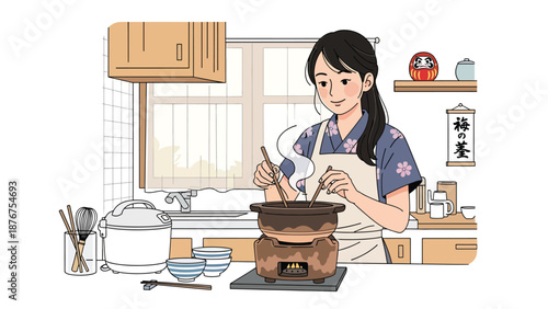 Vector illustration of a Japanese woman cooking traditional food at home, cultural culinary activity and everyday lifestyle tradition
