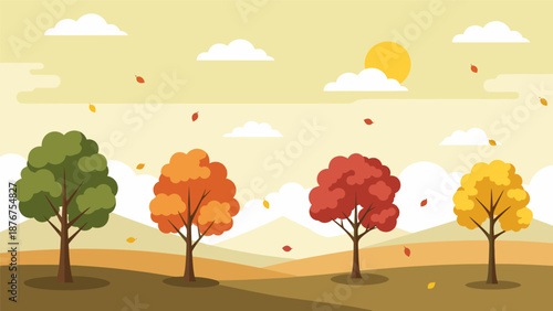 Autumn landscape with colorful trees and flying leaves Autumn.