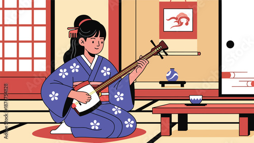 Flat vector illustration of a Japanese woman playing shamisen indoors, traditional music practice representing cultural heritage