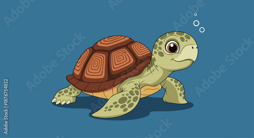 A cute baby sea turtle with big eyes swimming underwater with bubbles, illustrated in a colorful and detailed cartoon style against a blue background.