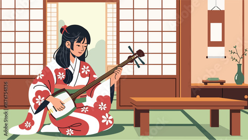 Flat vector illustration of a Japanese woman playing shamisen indoors, traditional music practice representing cultural heritage