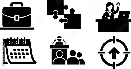 Black flat icons set including briefcase, puzzle pieces, businesswoman typing at laptop, calendar, speaker podium, and target arrow pointing up