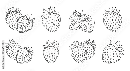 A set of strawberry illustrations in a black and white outline style, showing whole berries, sliced halves, and pairs, perfect for a coloring page.