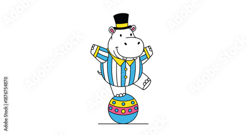 A cheerful cartoon hippopotamus wearing a top hat and a striped suit while balancing on a colorful ball, capturing a fun and whimsical circus performance.