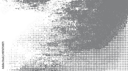 Abstract distressed gray and white background with halftone dot pattern and grunge texture overlay creating a textured and weathered visual effect