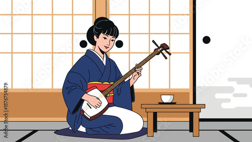 Flat vector illustration of a Japanese woman playing shamisen indoors, traditional music practice representing cultural heritage