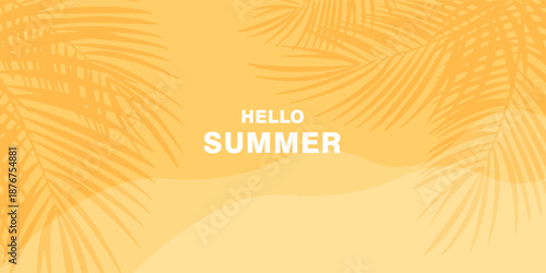 Yellow summer tropical background with tropical palm leaves. Minimal summer creative flat design. Vector illustration