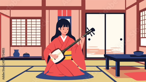 Flat vector illustration of a Japanese woman playing shamisen indoors, traditional music practice representing cultural heritage
